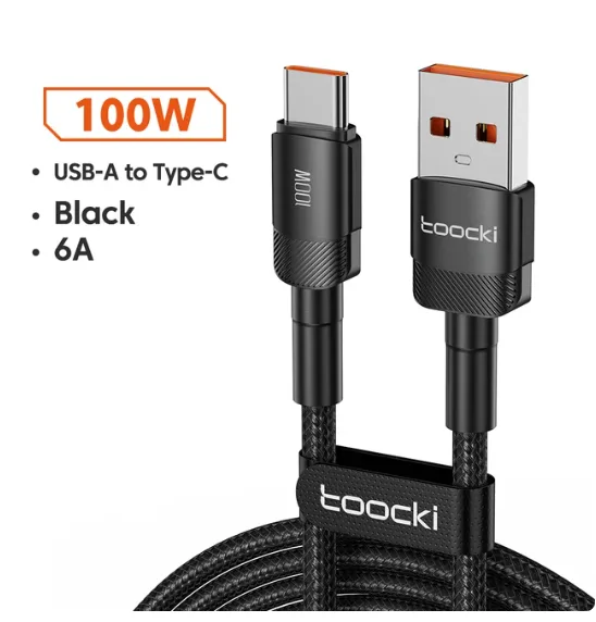 USB-C Naar USB-A Nylon Snellaadkabel 100W 1M Zwart
