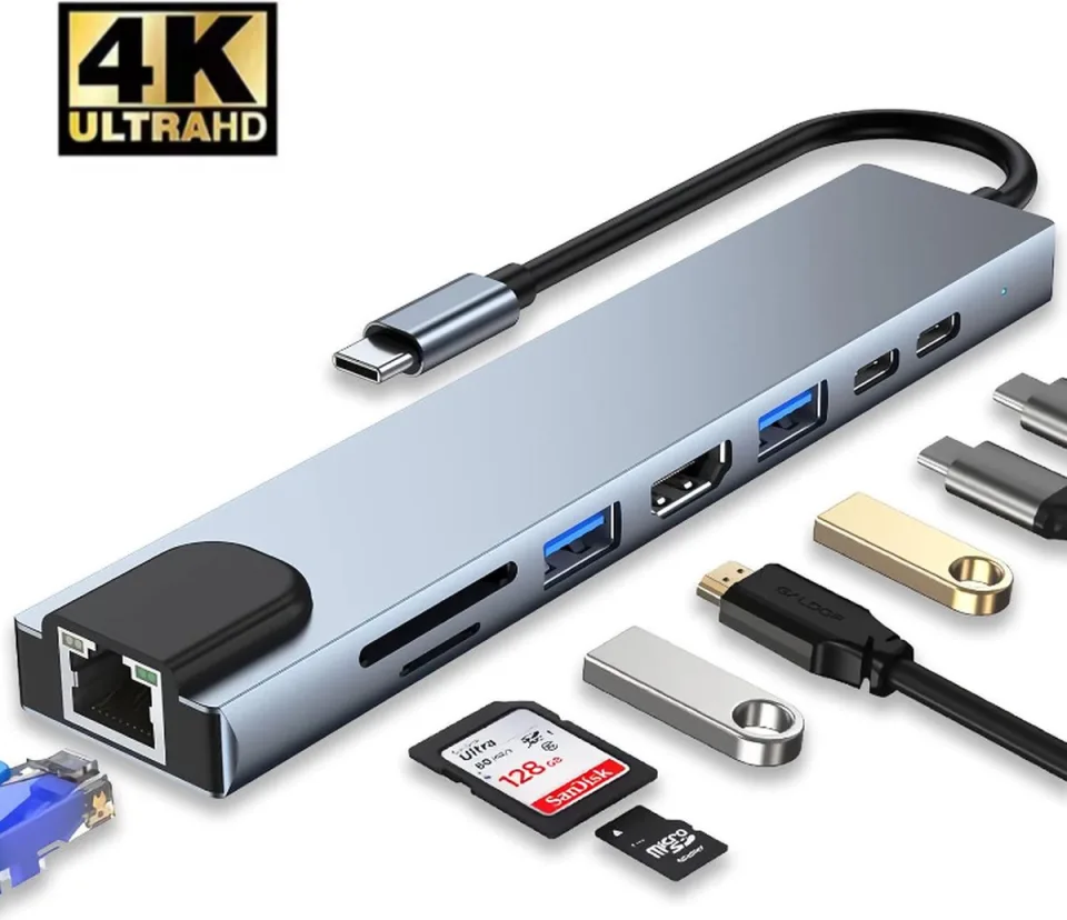 USB 3.0 C-Hub 8 in 1 met RJ45 SD/TF-kaartlezer Type C 3.1 naar 4K